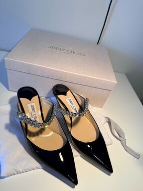 Jimmy Choo Black Bing 65 Patent Leather Pointed Toe Mules with Crystal Strap